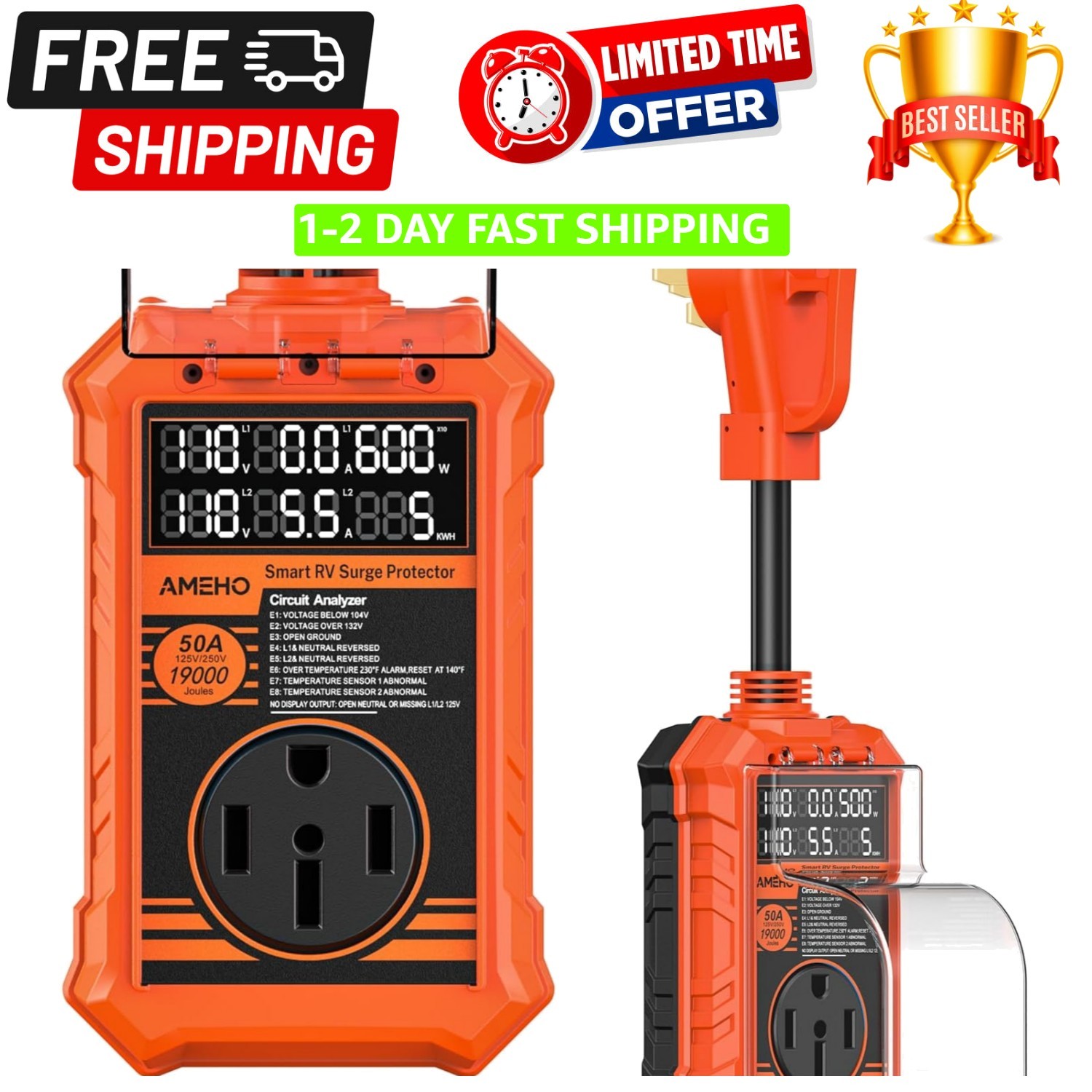 RV Surge Protector 50 Amp, 19000J with Smart Auto Shutoff – Waterproof – LED ...