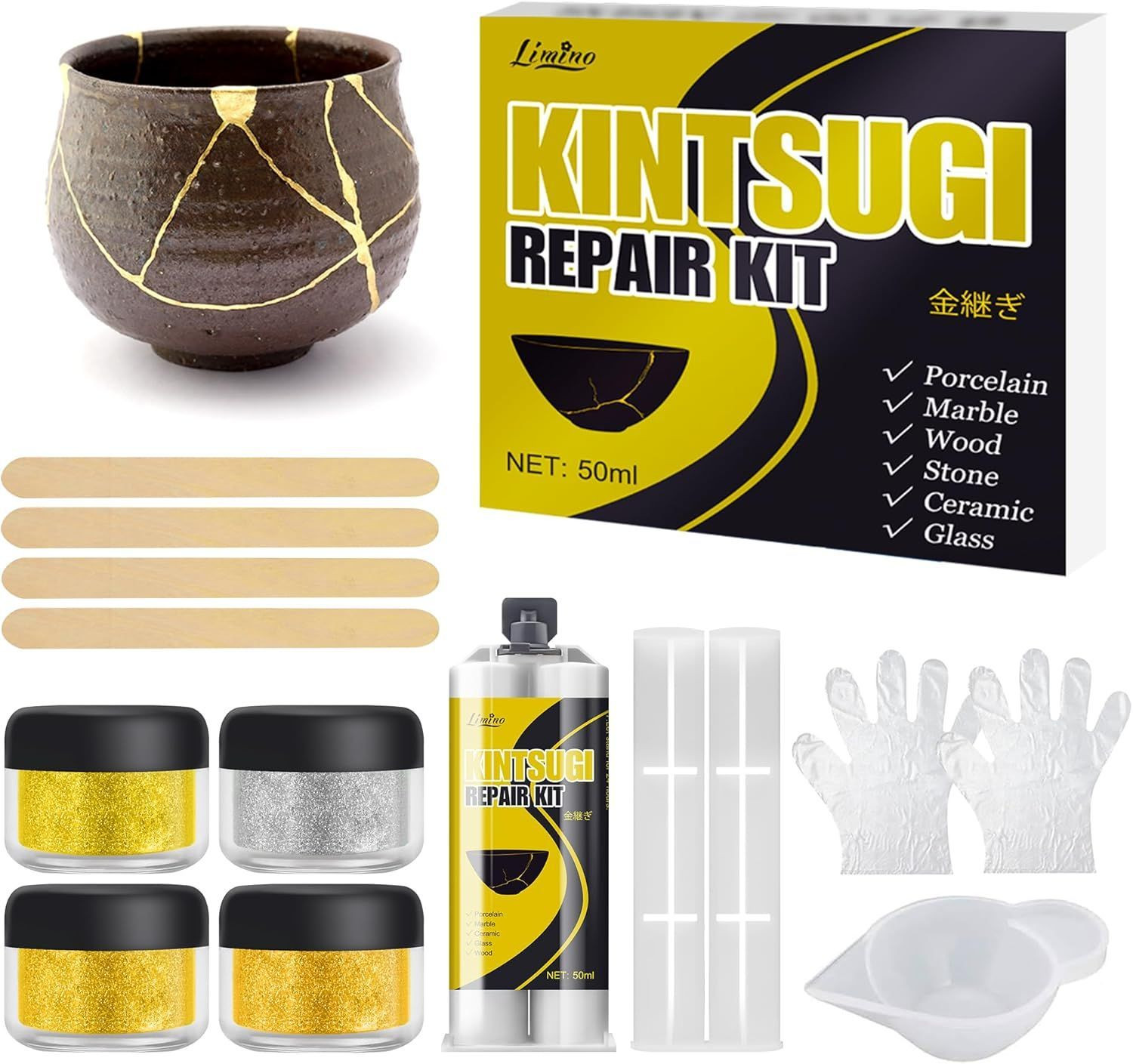 Kintsugi Repair Kit - 4 Colors 50ml Food Safe＆Dishwasher Safe Glue for Pottery..