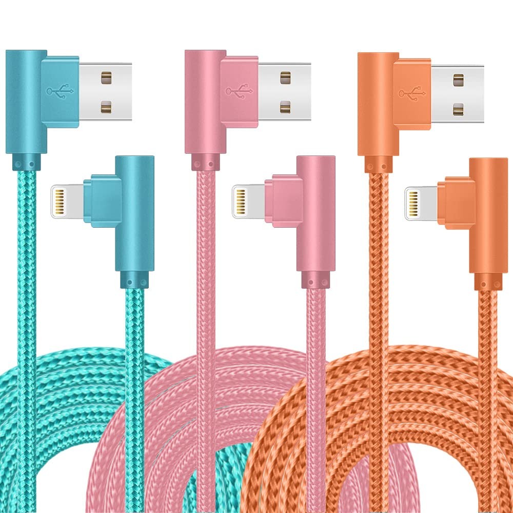 iPhone Charger, 3 Pack 10FT 90 Degree Charging Cable 10FT, Pink, Blue, Orange