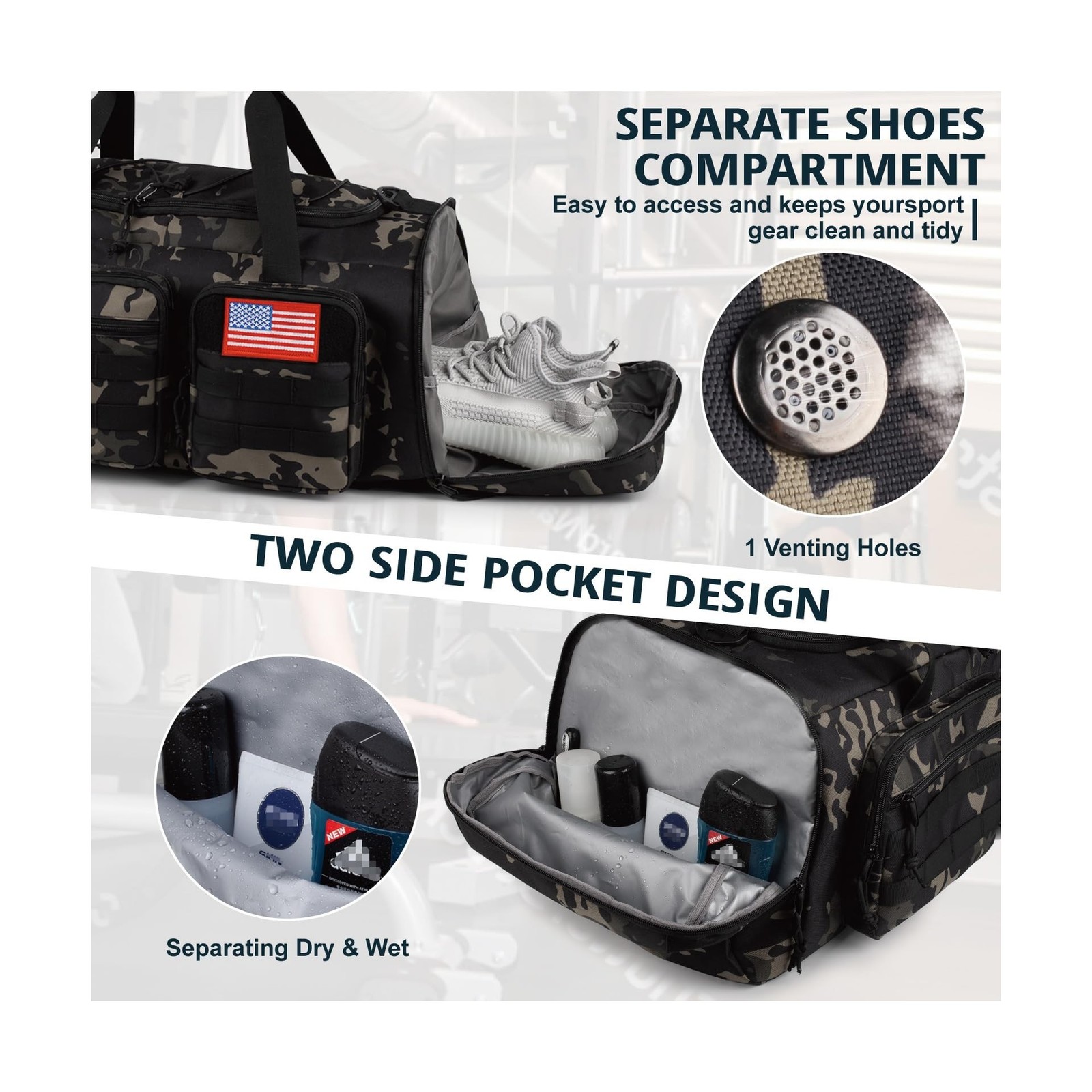 Tactical Gym Bag for Men，70L Large 3 in 1 Sports Duffle Bag with Sh... Fa