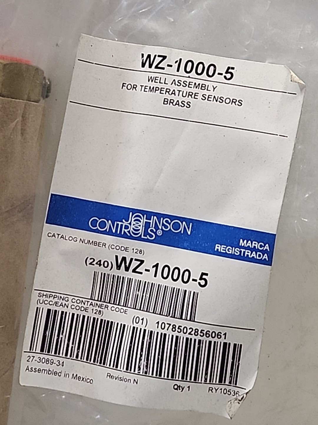 Johnson Controls WZ-1000-5 Temperature Sensor Brass Well Assembly