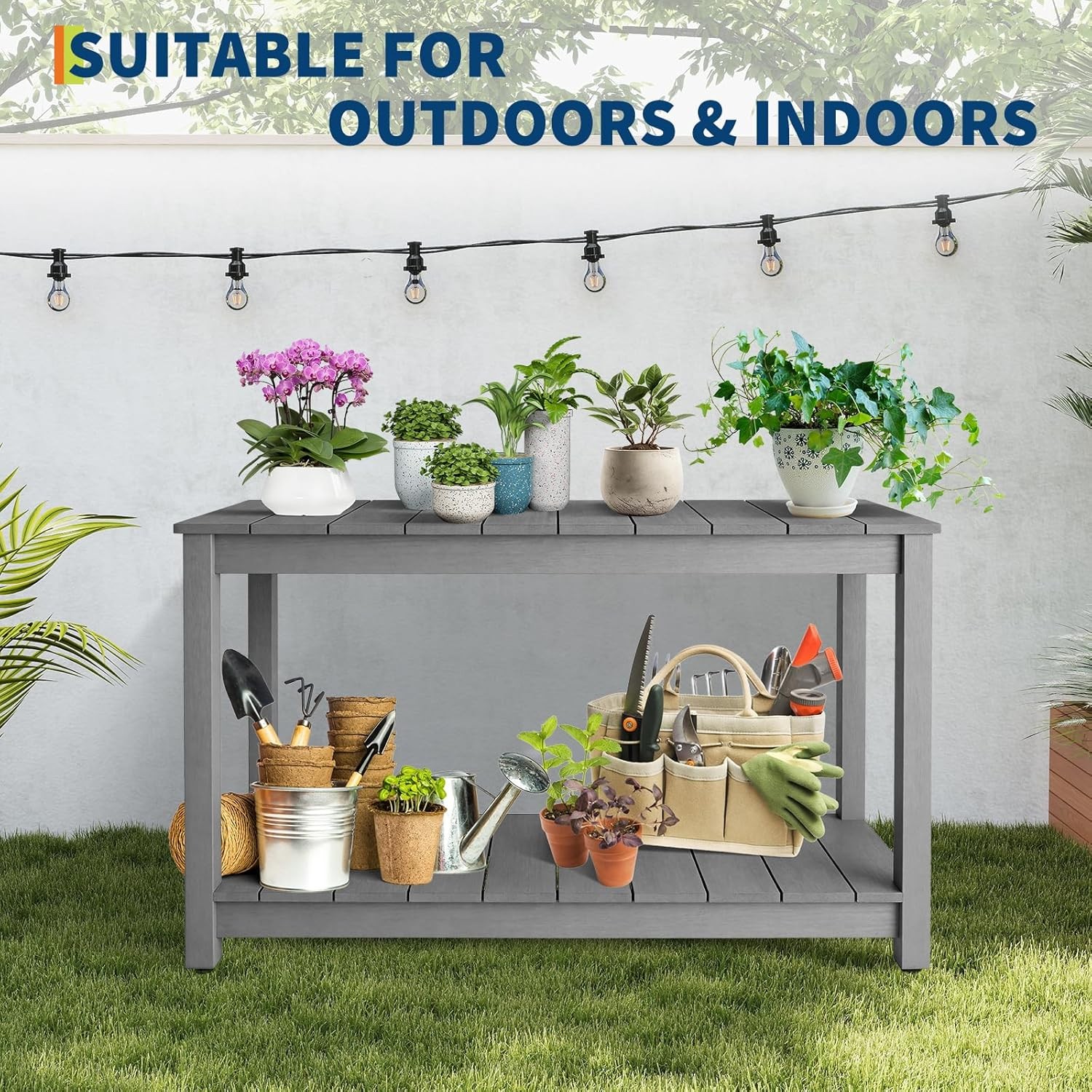 48'' Patio Console Table Outdoor Side Table 2-Shelf Buffet Bar Storage Organizer