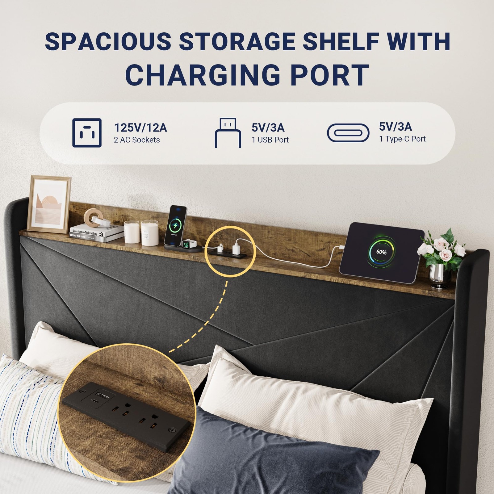 Full Size Velvet Bed Frame with 3 Storage Drawers, Upholstered Platform Bed w...