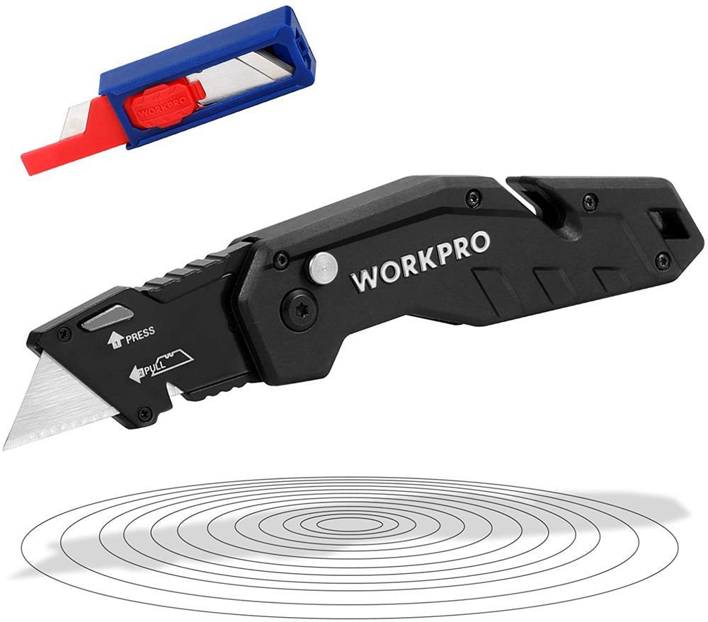 WORKPRO Folding Utility Knife Box Cutter with Belt Clip Quick-Change Blade Black
