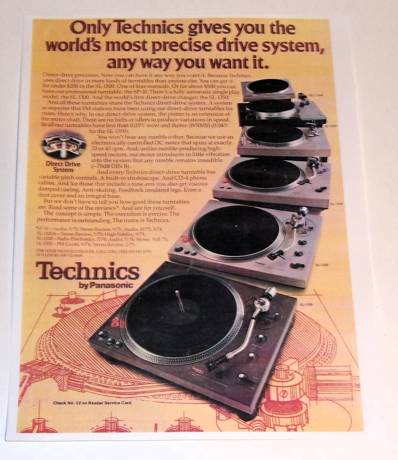 Technics Turntable Ad, '74, SL-1200, SP-10, SL-1100A, Article,1 pg, Direct Drive