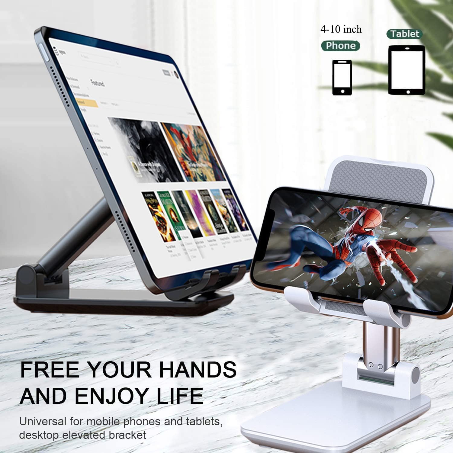 Meetuo 2 Pcs Cell Phone Stand, Adjustable Foldable & Portable, Black+White