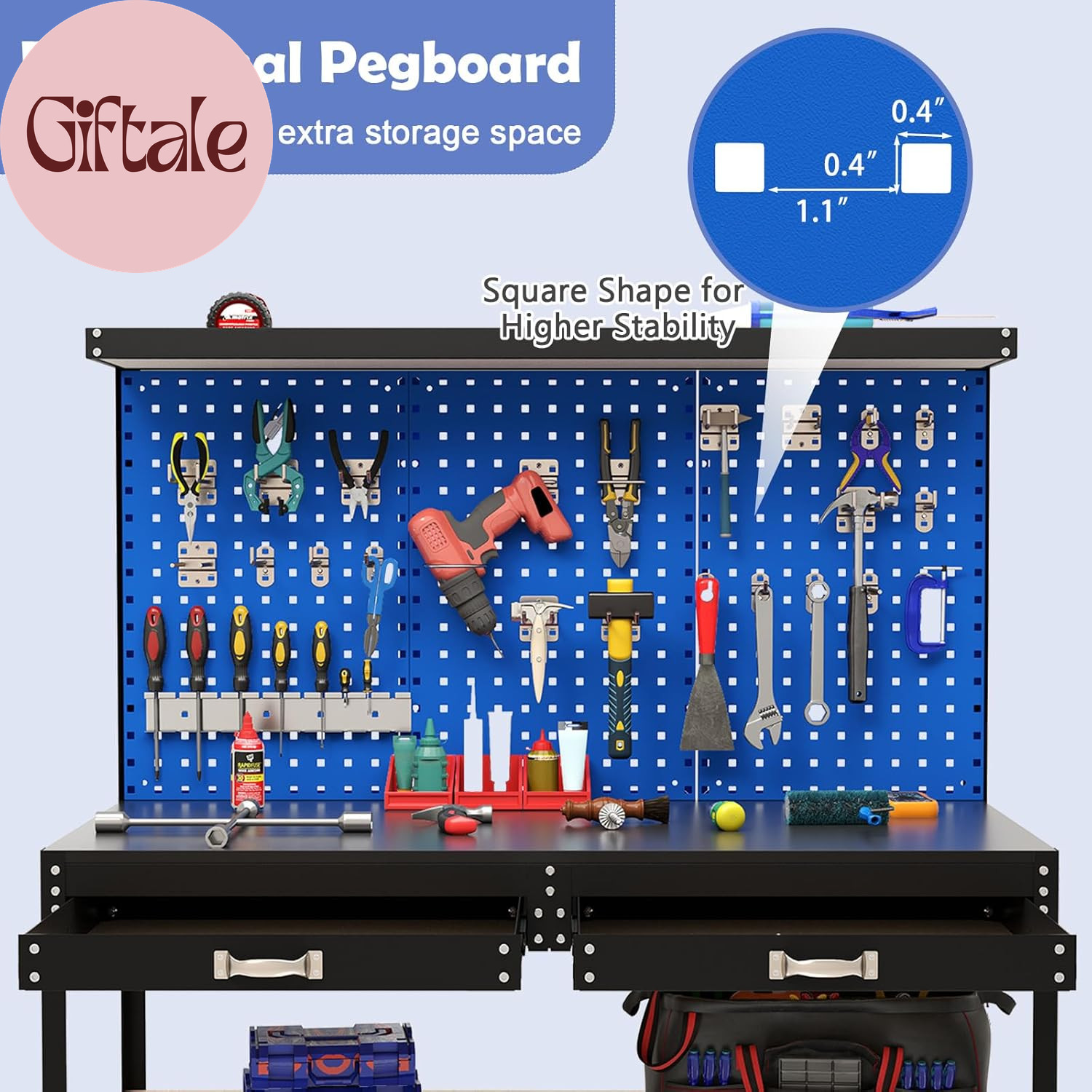 Workbench with Drawers, 48" X 24" Heavy-Duty Work Table with 3 PCS Pegboard & 4