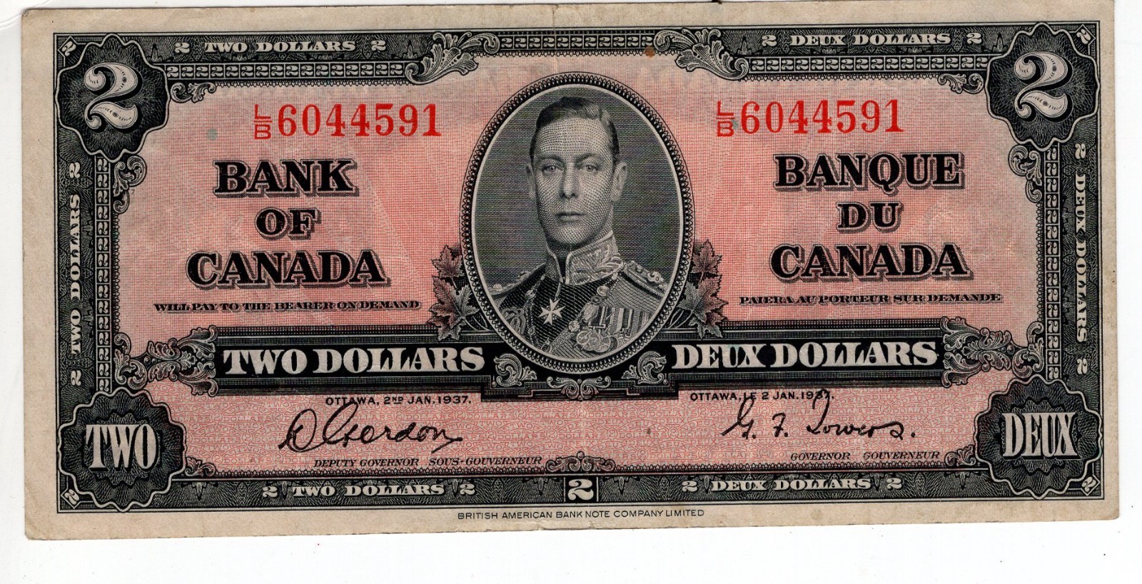 Bank of Canada 1937 $2 Two Dollars Gordon-Towers L/B Prefix VF++