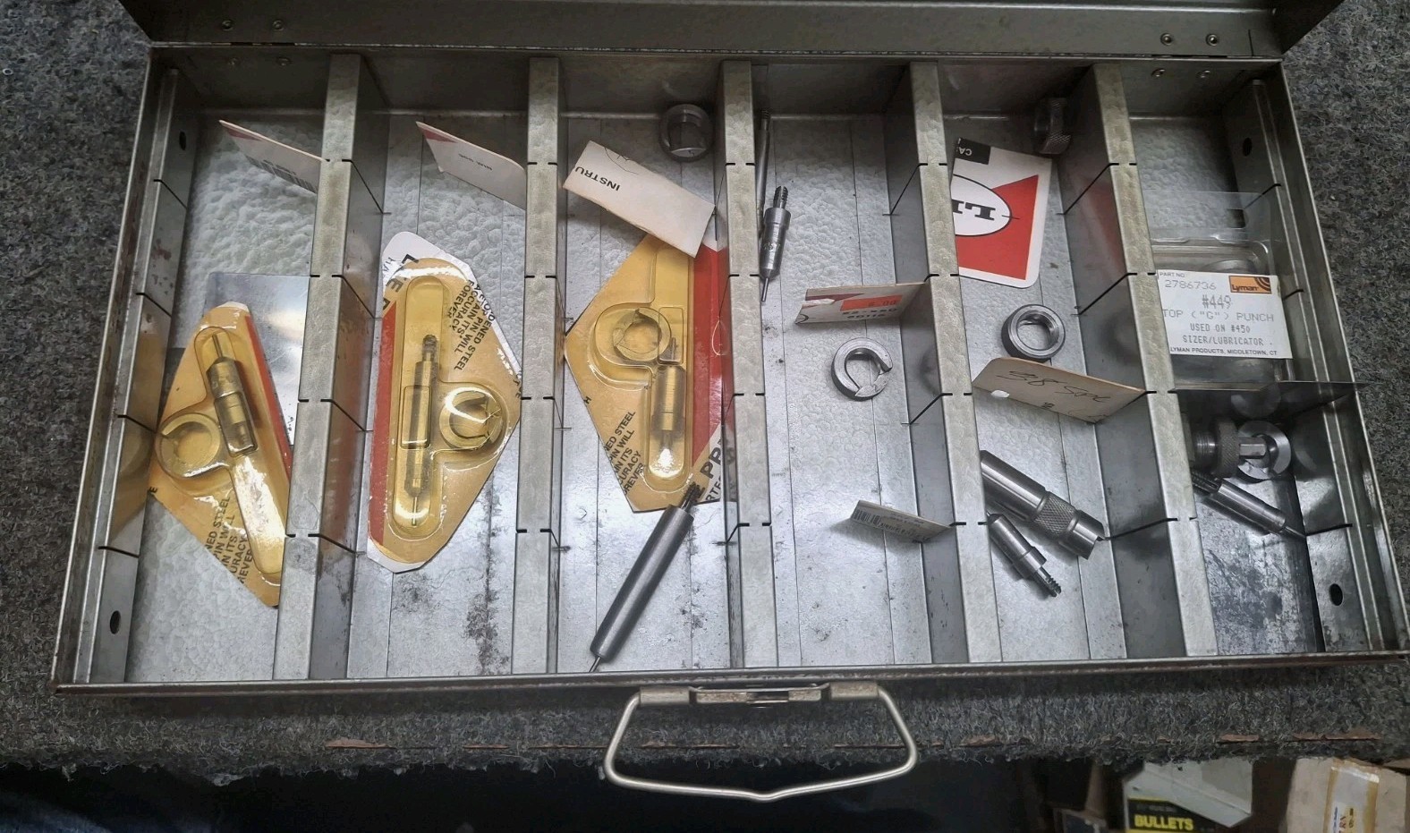 Assorted Reloading Supplies In Segmented Steel Box