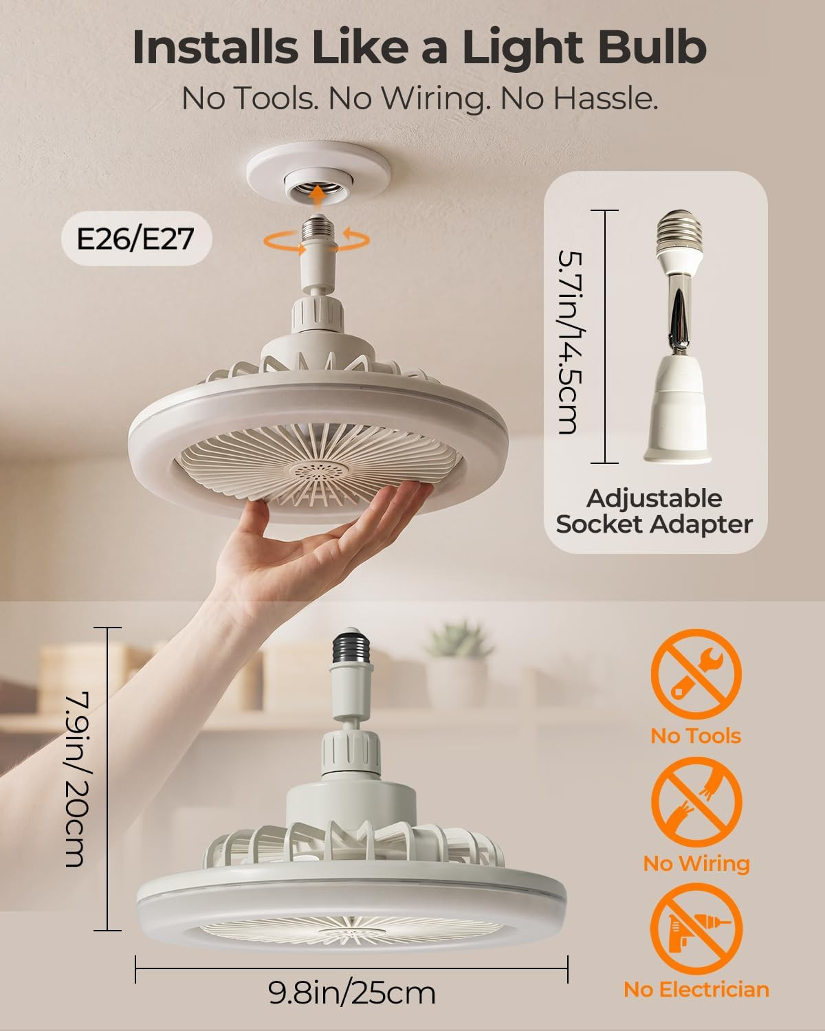 Adjustable Socket Fan Light with Remote and Extender, 2200LM Enclosed LED Light