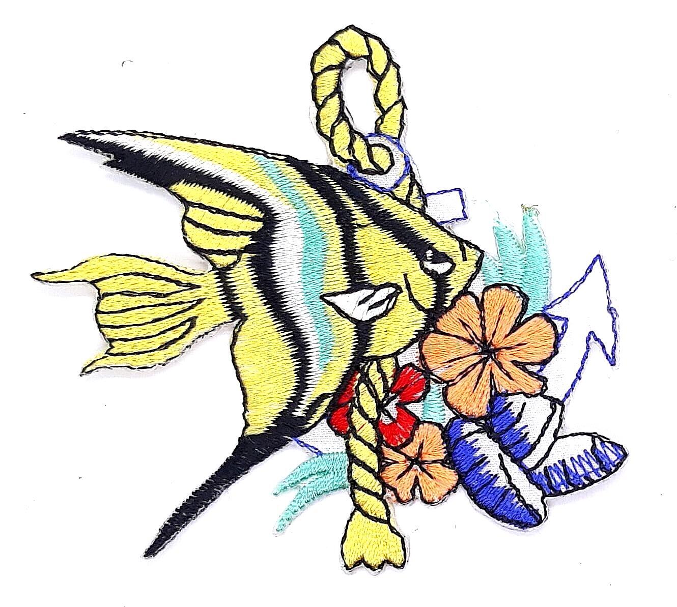 Angel Fish & Anchor Iron On Sew On Embroidered Patch 3"x 3"