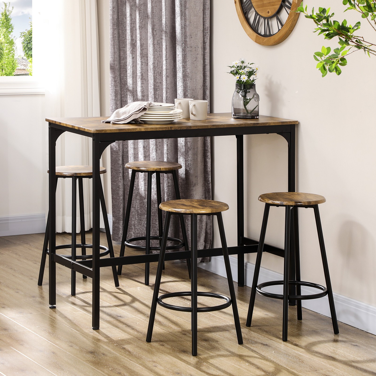 HOMCOM 5-Piece Bar Table and Chairs Set with Metal Frame for Dining Room