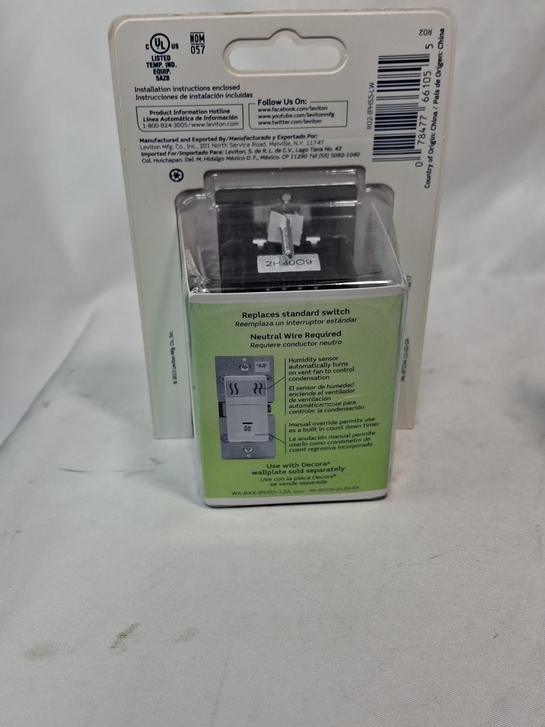 Leviton Decora Humidity Sensor/Fan Control IPHS5, White,