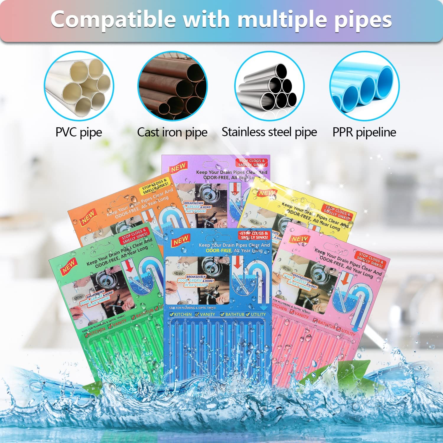 SAISN 72pcs Drain Cleaner Deodorizer Sticks - Keep Drain Pipes Clear, Prevent...