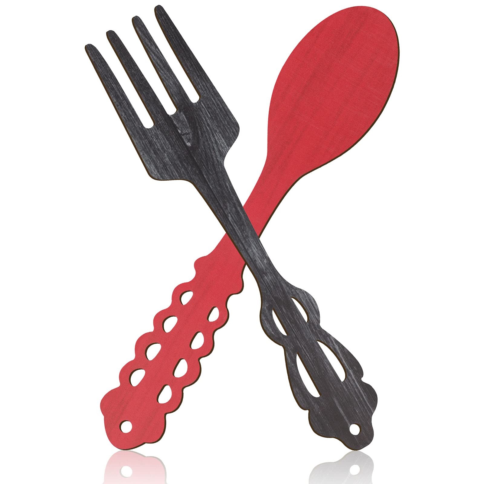 Jetec 2 Pieces Wooden Fork and Spoon Wall 13.8 x 3 inches, Red, Heather Gray