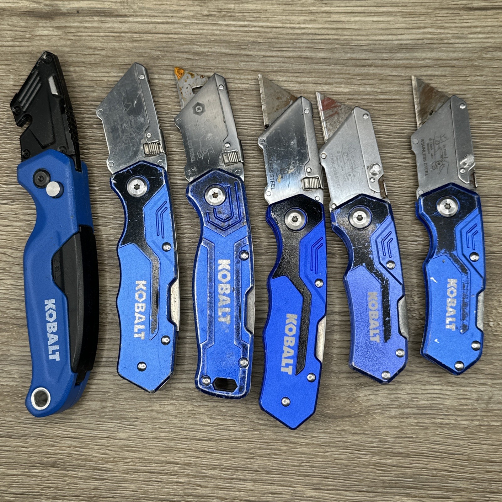 (LOT E) 6 Kobalt Folding Utility Knife Knives Box Cutters Blue TSA Surplus