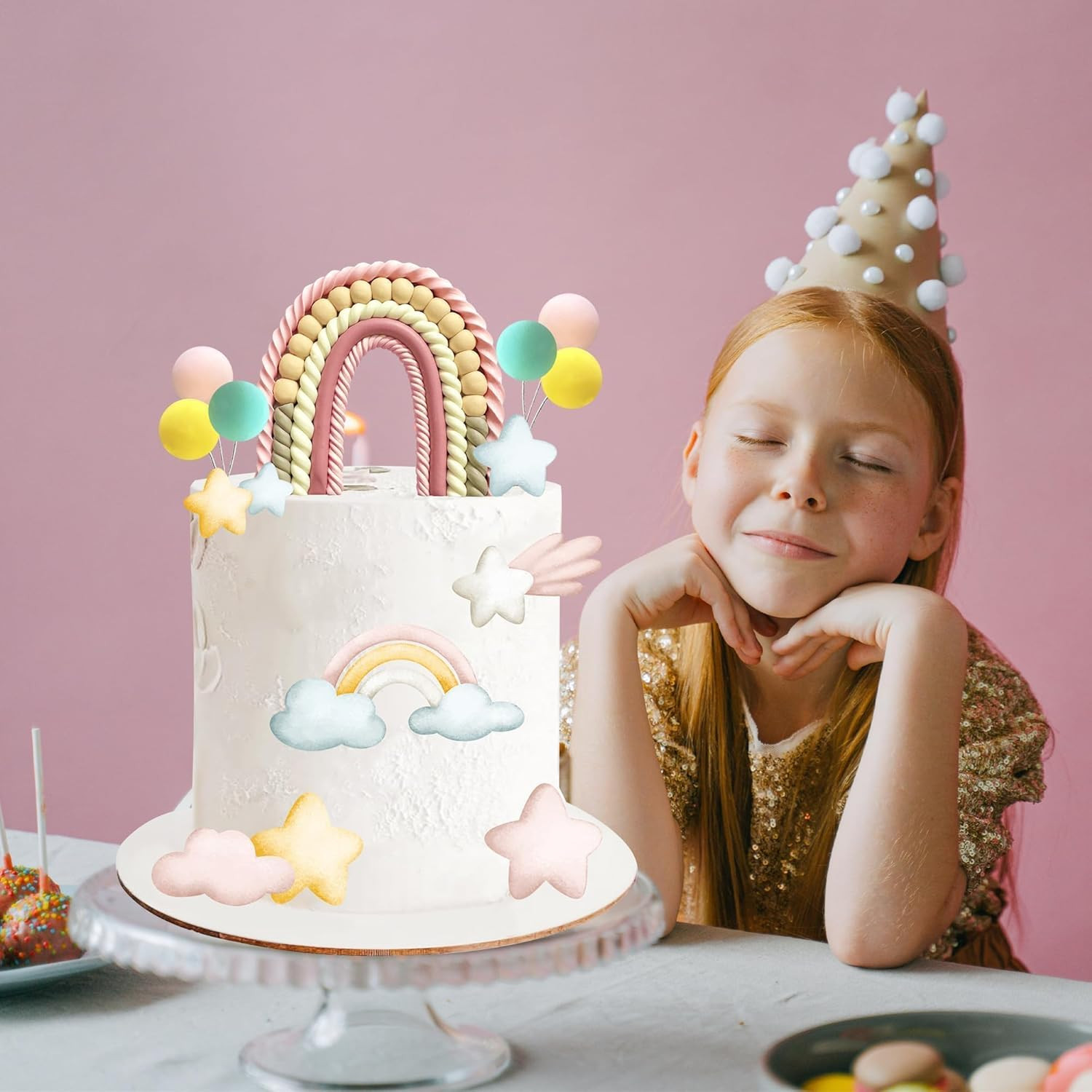 Rainbow Cake Topper with Colorful Balls Plus Cardboard Cake Decorations
