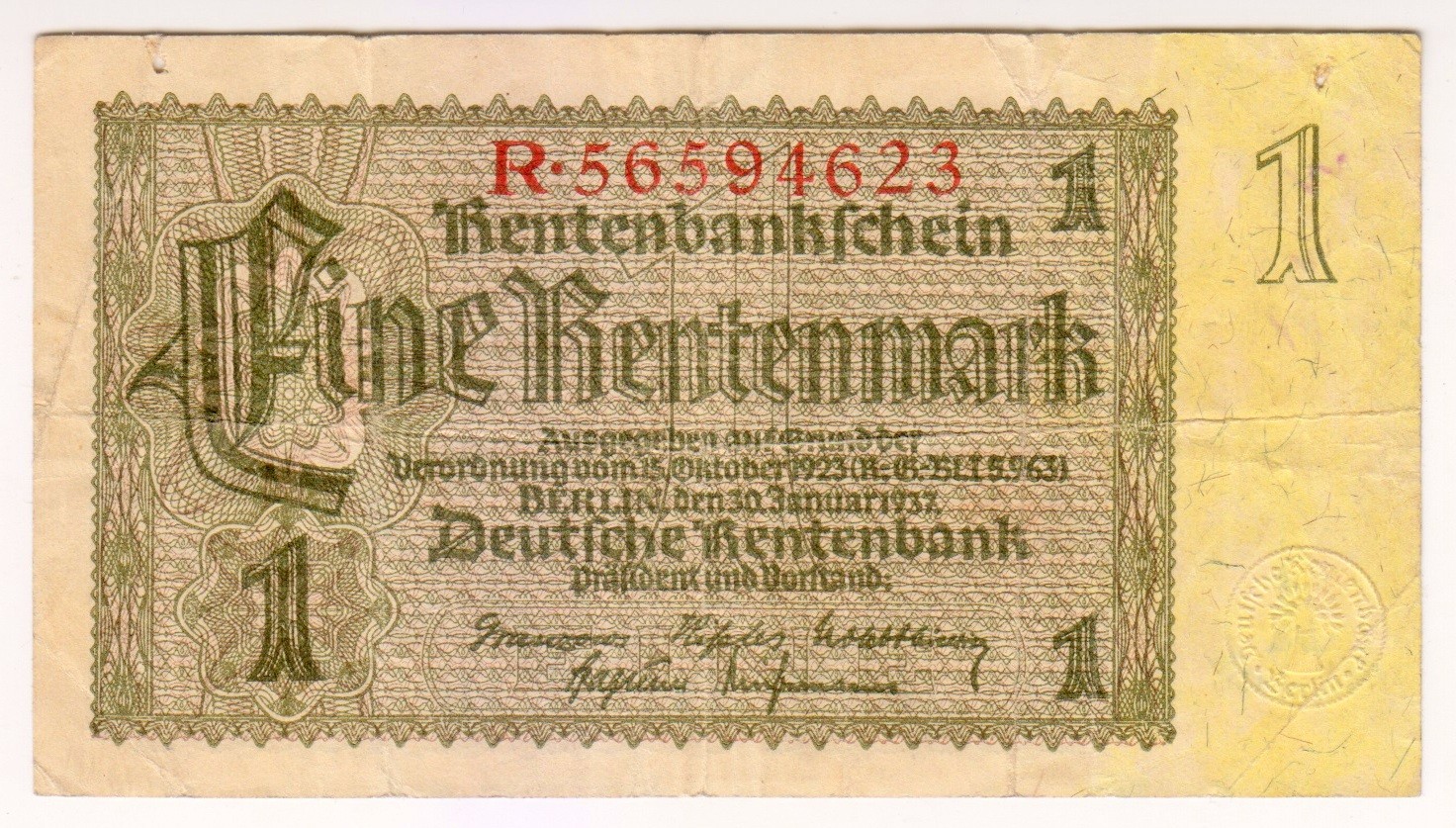 1937 Germany 1 Rentenmark 56594623 Paper Money Banknotes Currency