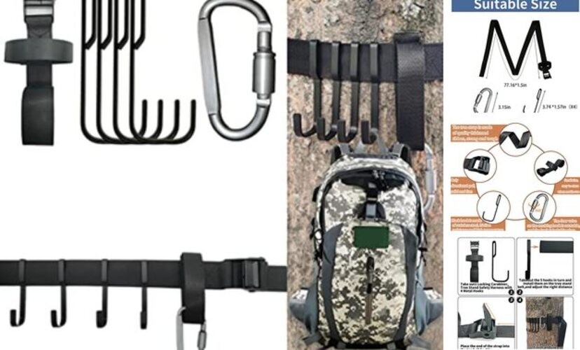 Bow Hanger Tree Strap with 1 Carabiner and 4 Metal Hooks，Adjustable Tree Strap