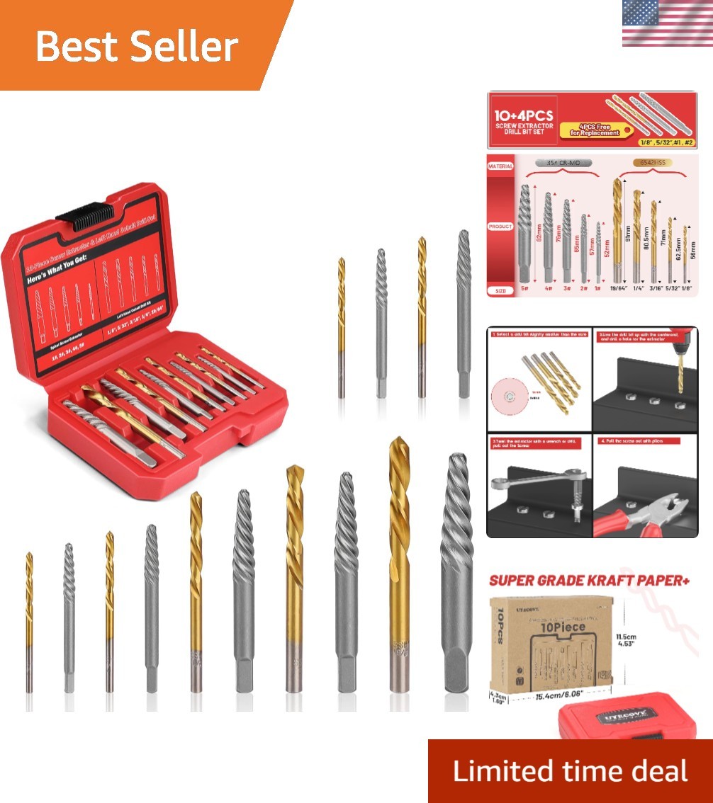 14-Piece Left Hand Drill Bit Set for Effortless Broken Bolt Extraction