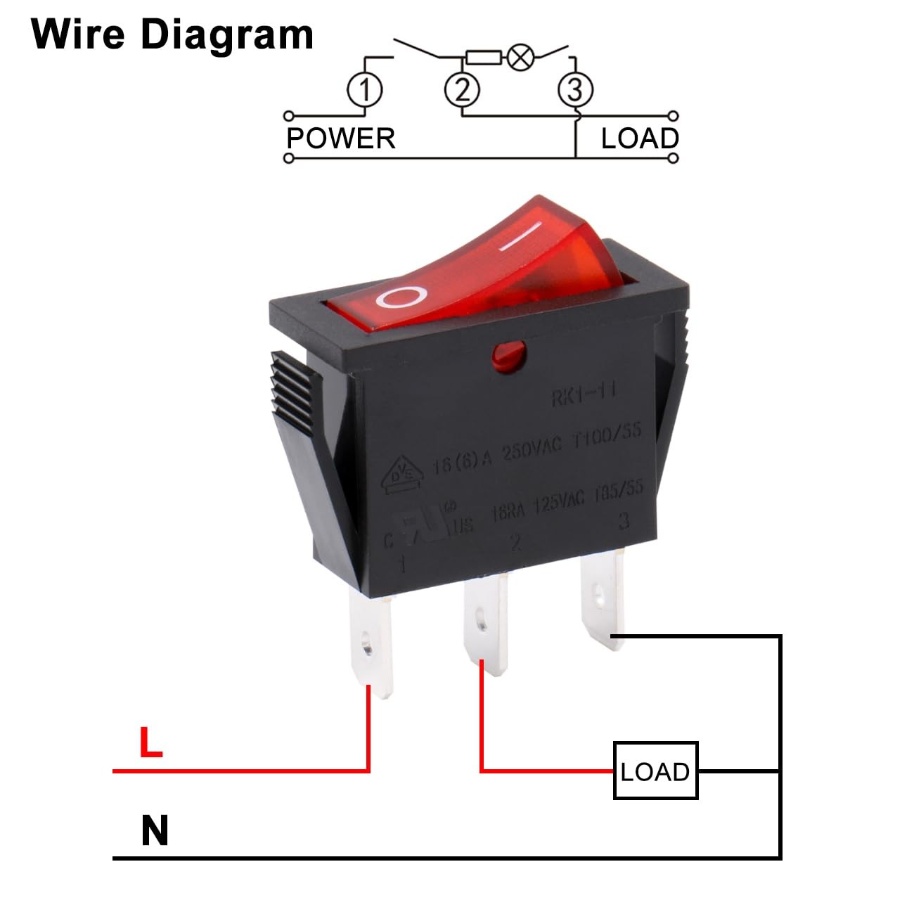 Rocker Switch ON-Off SPST 3 Terminals Red Light 16A 250VAC 5Pack