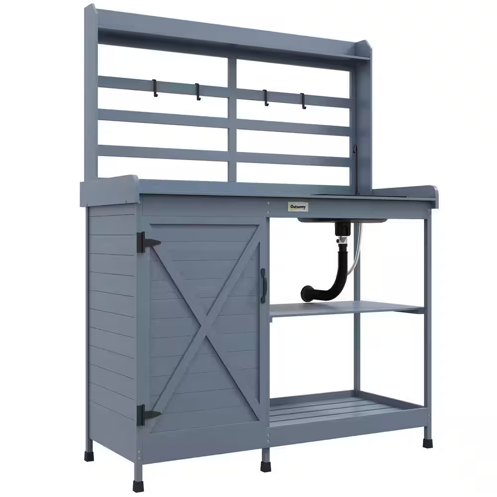 Wooden Potting Bench, Outdoor Potting Table with Storage Cabinet, Storage Shelve