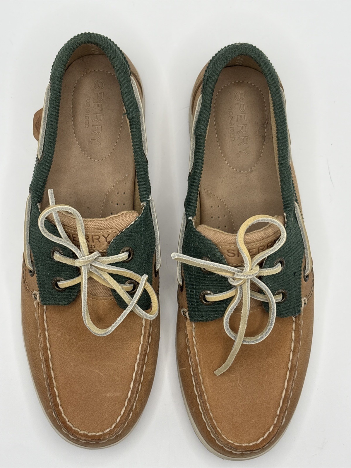Sperry Koifish Boat Shoes 7.5 M Tan Leather Green Corduroy NWOB Unworn