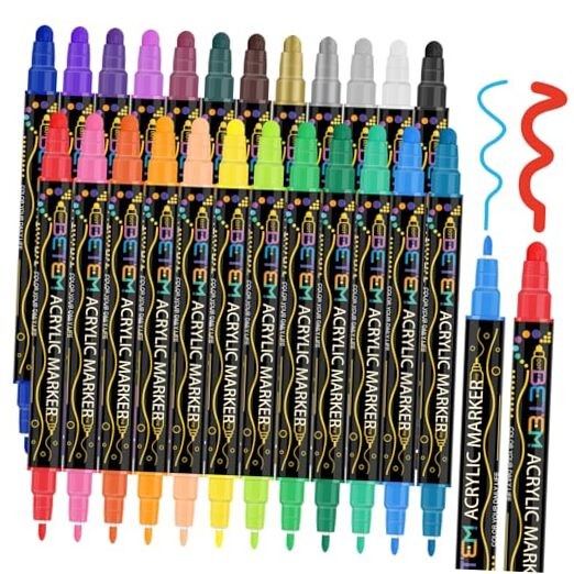 Betem 24 Colors Dual Tip Acrylic Paint Pens Markers, 24 Colors Paint Markers