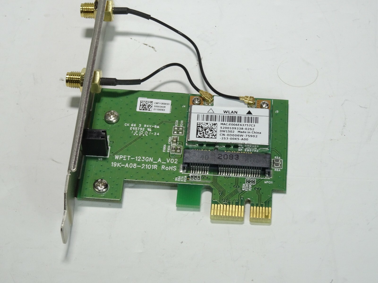 Dell WPET 123GN A V02 PCIe 19K A08 2101R WLAN Mini Card P/N: 056CGK