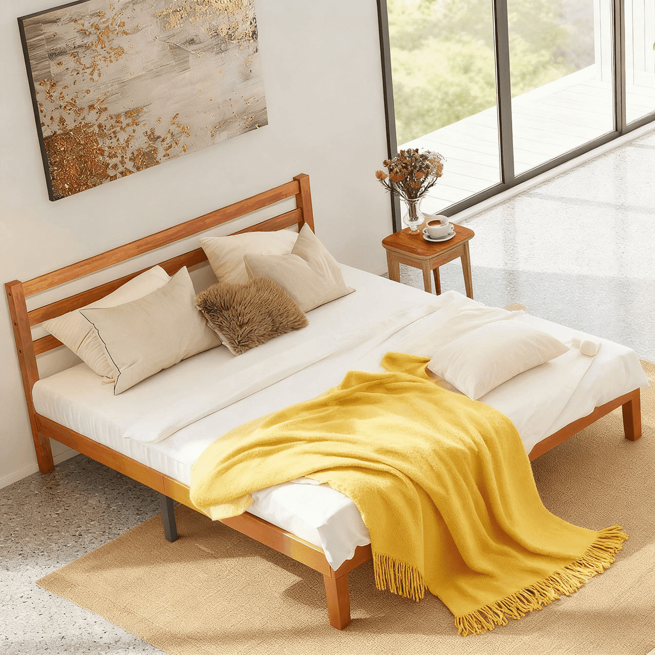 4 Sizes Solid Wood Bed Frame w/ Headboard Walnut Finish Wood Slat Support System