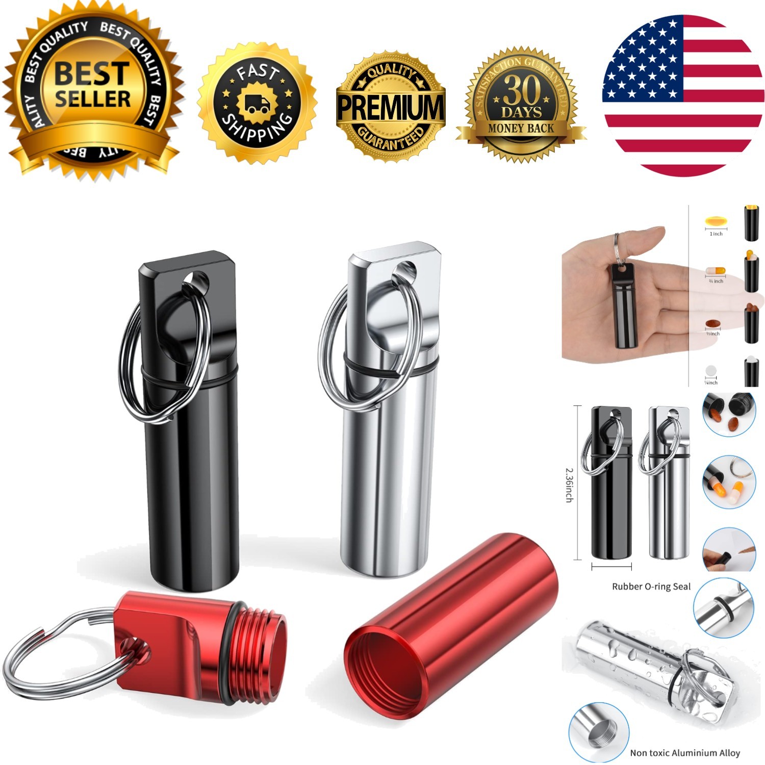 Small Portable Pill Box Keychain 3 Pack, Aluminium Alloy Mini Pill Organizer ...