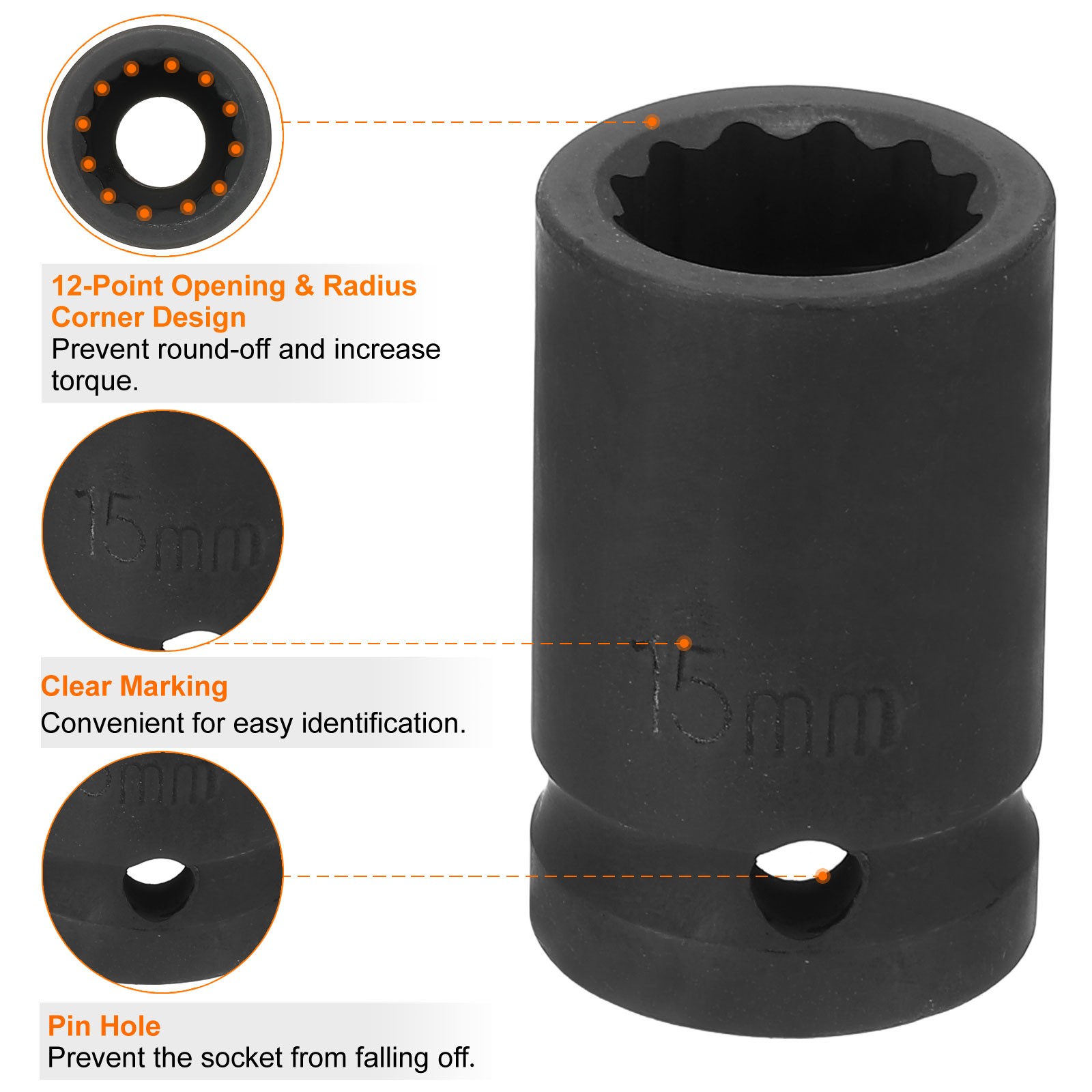 12Points Impact Socket 1/2" Drive 15mm Metric Cr-V Shallow Impact Socket