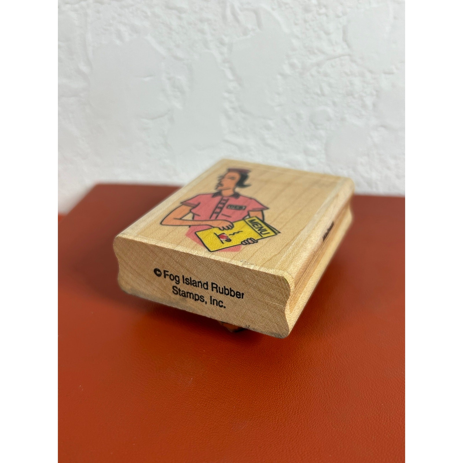 Vtg American Art Wood Mounted Rubber Stamp-Grumpy Waitress Menu - preowned