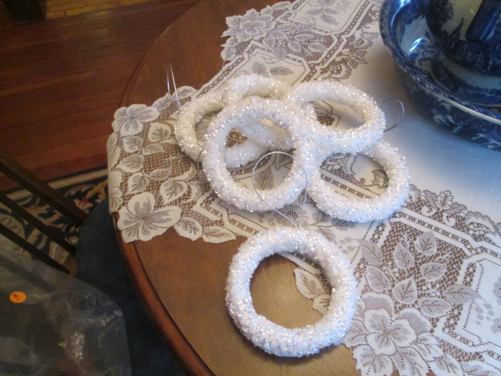 (6} NEW White Highly Glittered  Craft Rings, Durable polystyrene material  5"