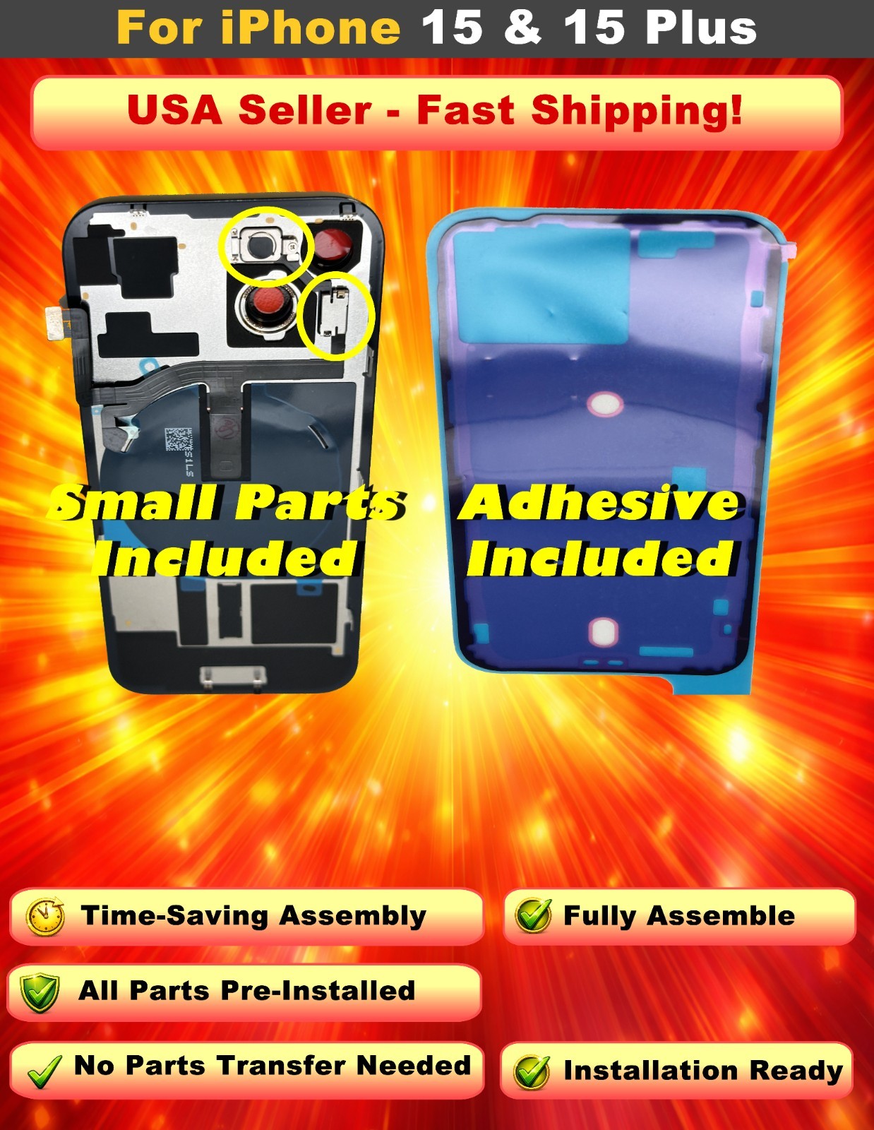 iPhone 15 / 15 Plus Back Glass Rear Cover w/ Flash Mic Charging Flex & Adhesive