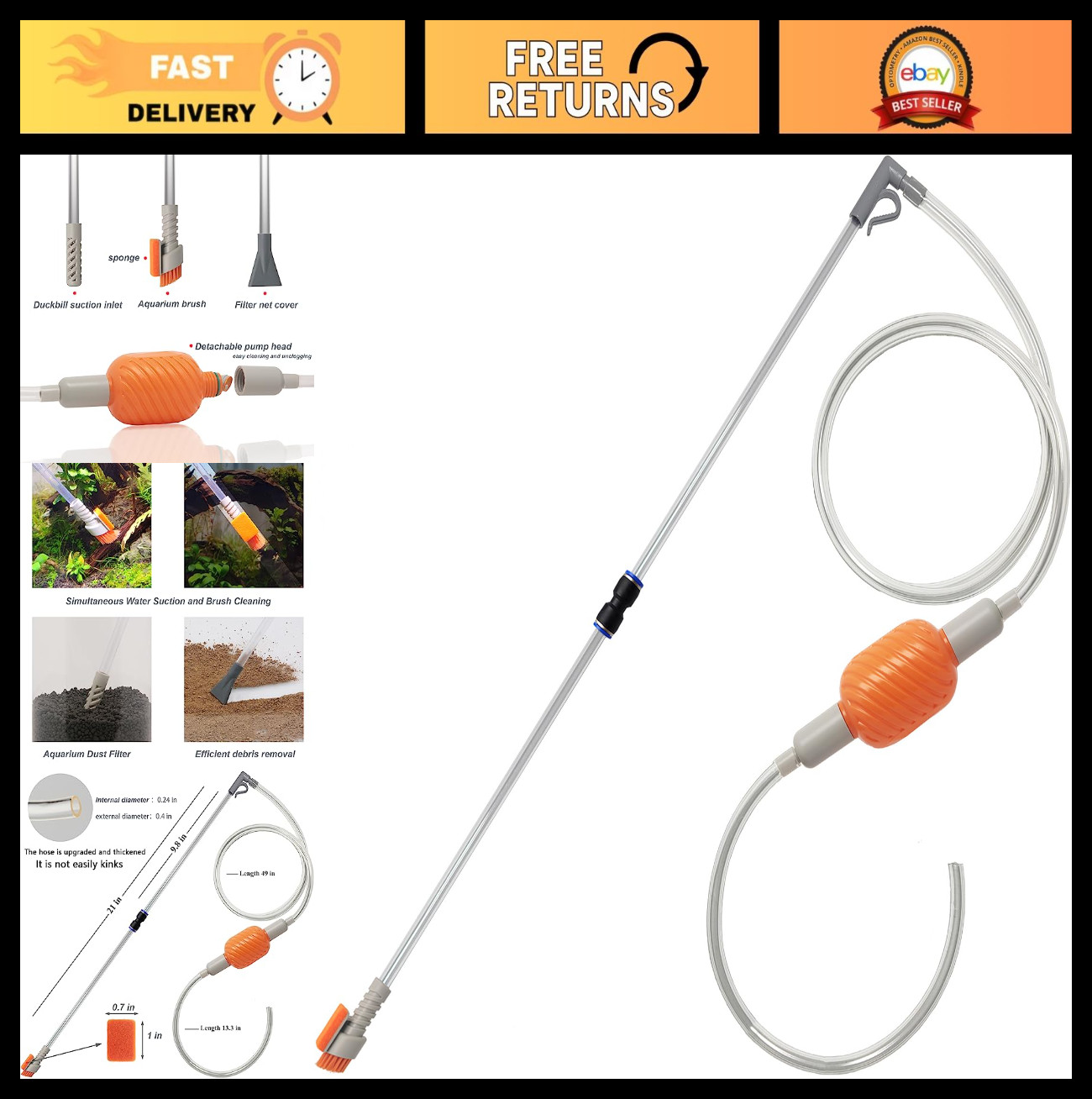 Compact Aquarium Siphon Vacuum & Water Changer Kit - Fish Tank Cleaning Brush, G