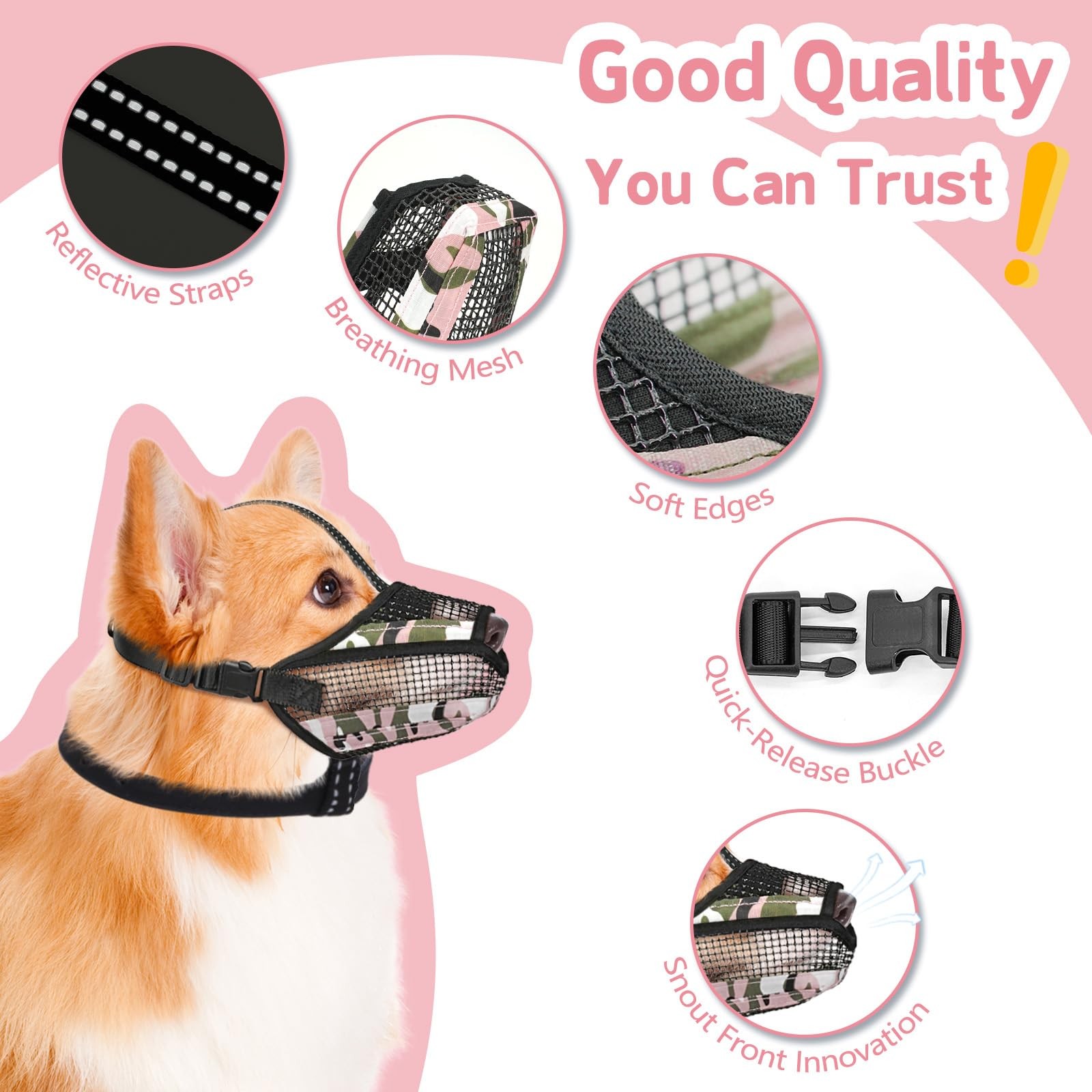 Soft Mesh Dog Muzzle with Reflective Adjustable Strap, Lightweight Muzzle for...