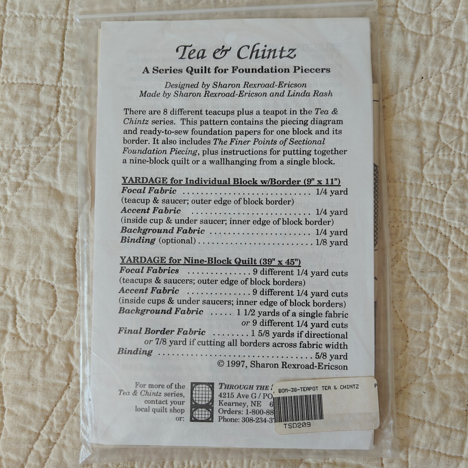 1997 Teapot Block 39x45" Wall Lap Crib Throw Quilt Pattern & Template Tea Coffee
