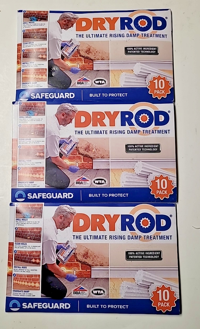 Lot Of 3 Dryrod Damp Proofing Rods DPC Damp Treatment Safeguard 10 Pack Dry Rod