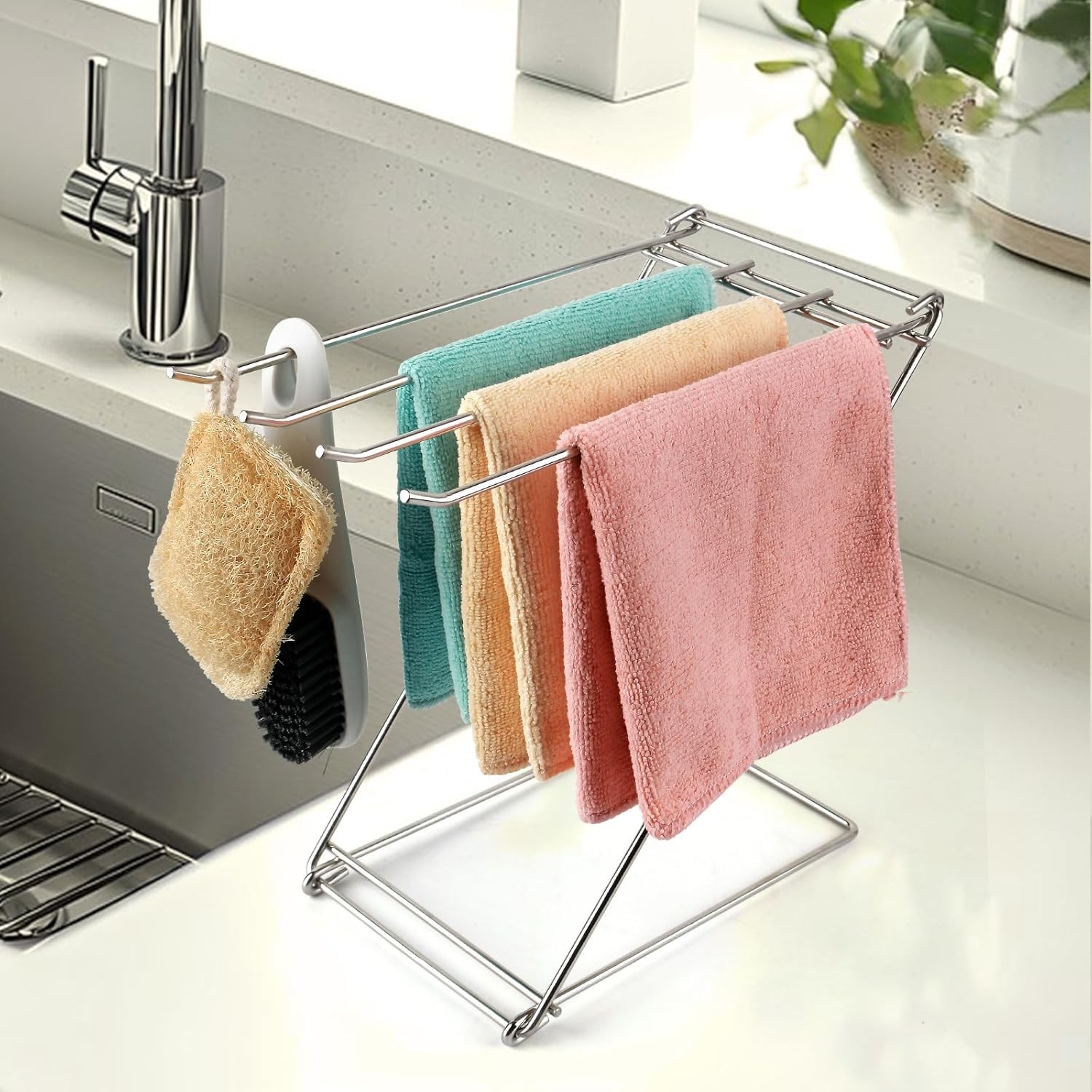 Kitchen Towel Holder Stand 4 Arm Countertop Drying Rack Free Standing for Sink