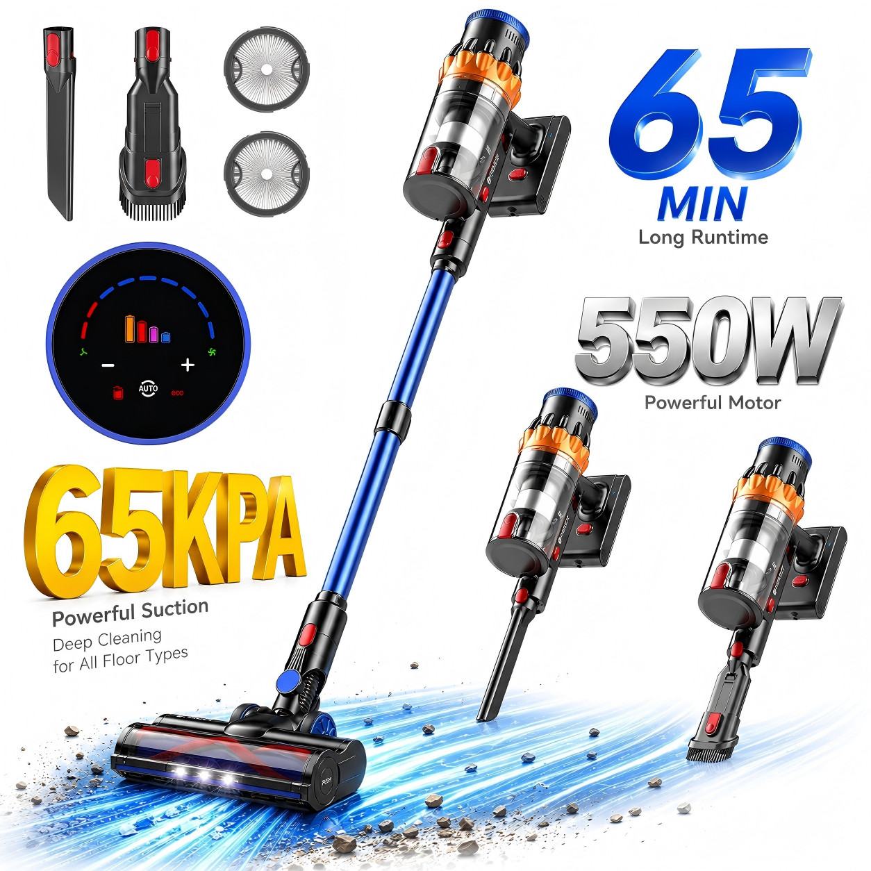 65KPa Cordless Vacuum Cleaner 65min Stick Lightweight forHome Pet Hardwood Floor