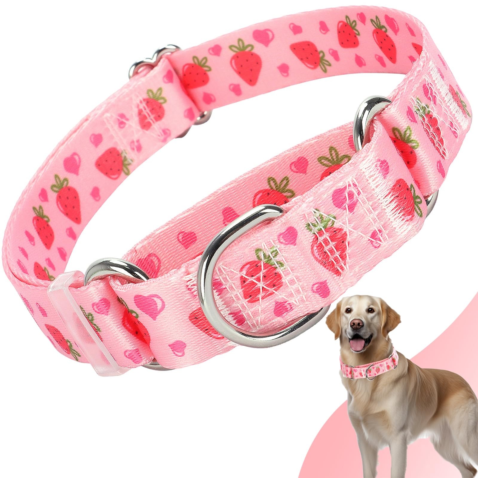 Martingale Dog Collar for Large Pet Dogs- Pink Strawberry No-Slip Escape 38