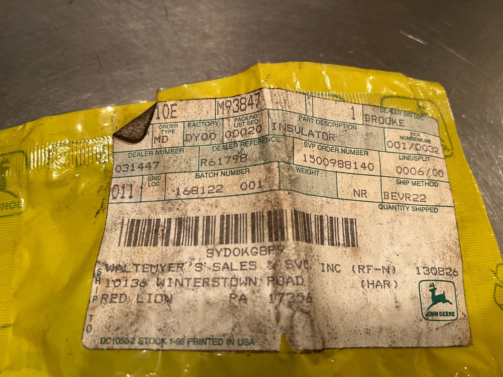 M93847 Genuine OEM John Deere INSULATOR