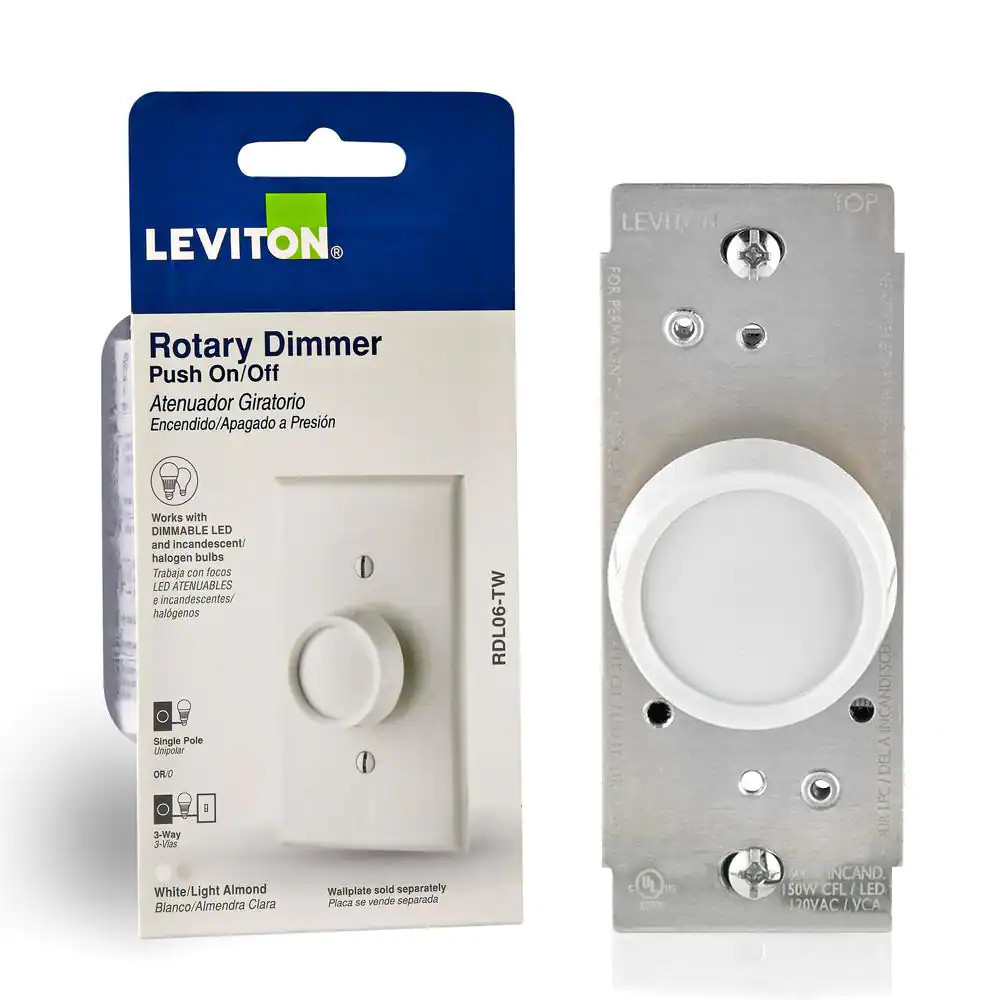 Leviton Rotary Dimmer Universal Push On Off Single Pole 3 Way White Light Almond
