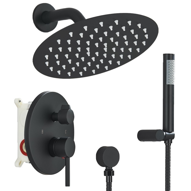Black Shower Faucet Set 8''Round Shower Head with Handheld System Shower Fixture
