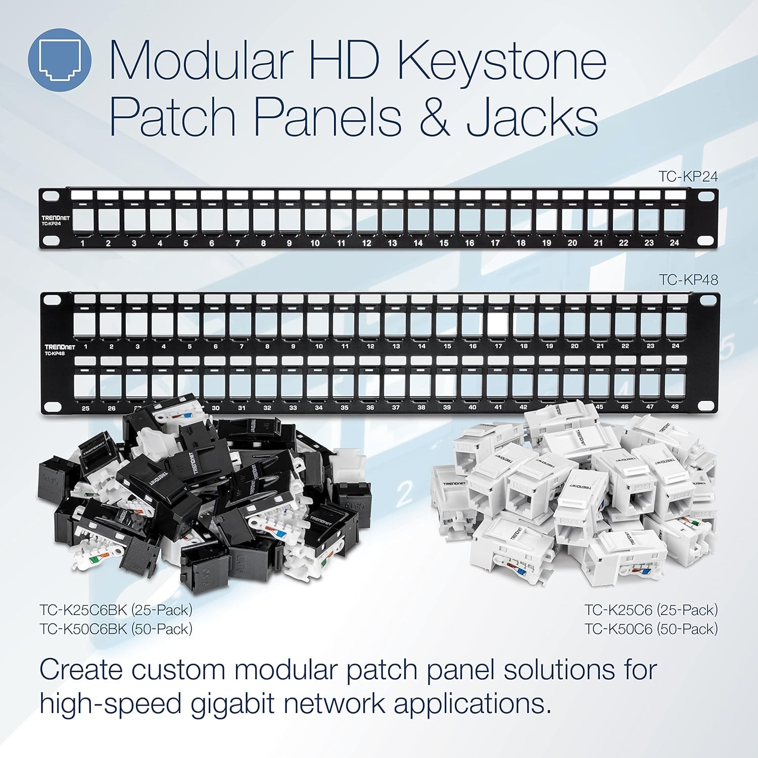 24-Port Blank Keystone Patch Panel for Cat6 Jacks, 1U Rack