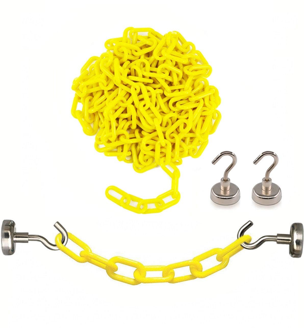 Yellow Plastic Safety Barrier Chain, 13 Feet with 2 Magnetic Hooks, Crowd Contro