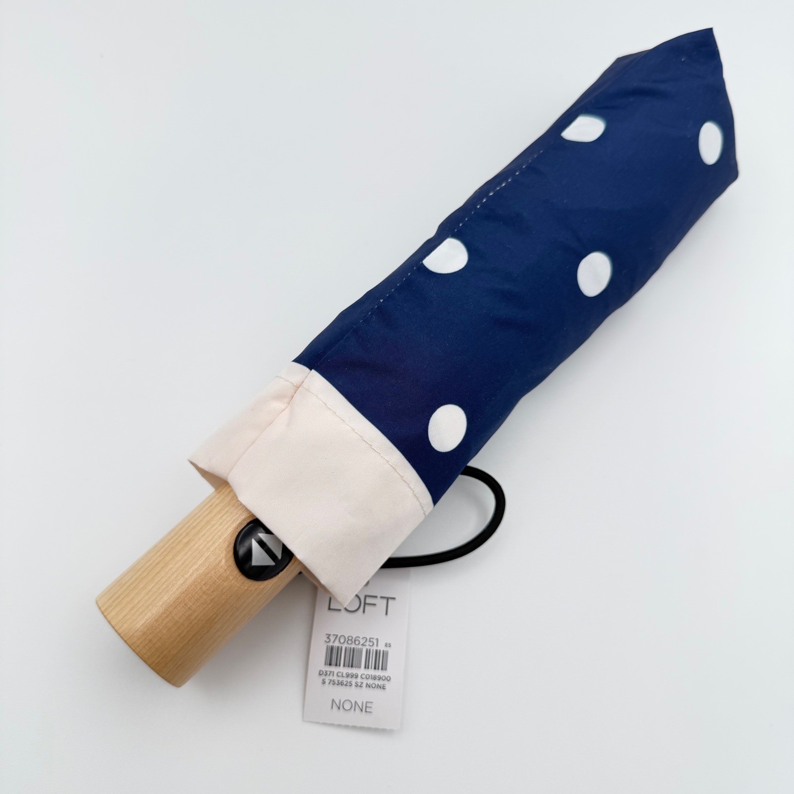 LOFT Navy Blue White Polka Dot Compact Umbrella Wood Handle Auto Open Close NEW