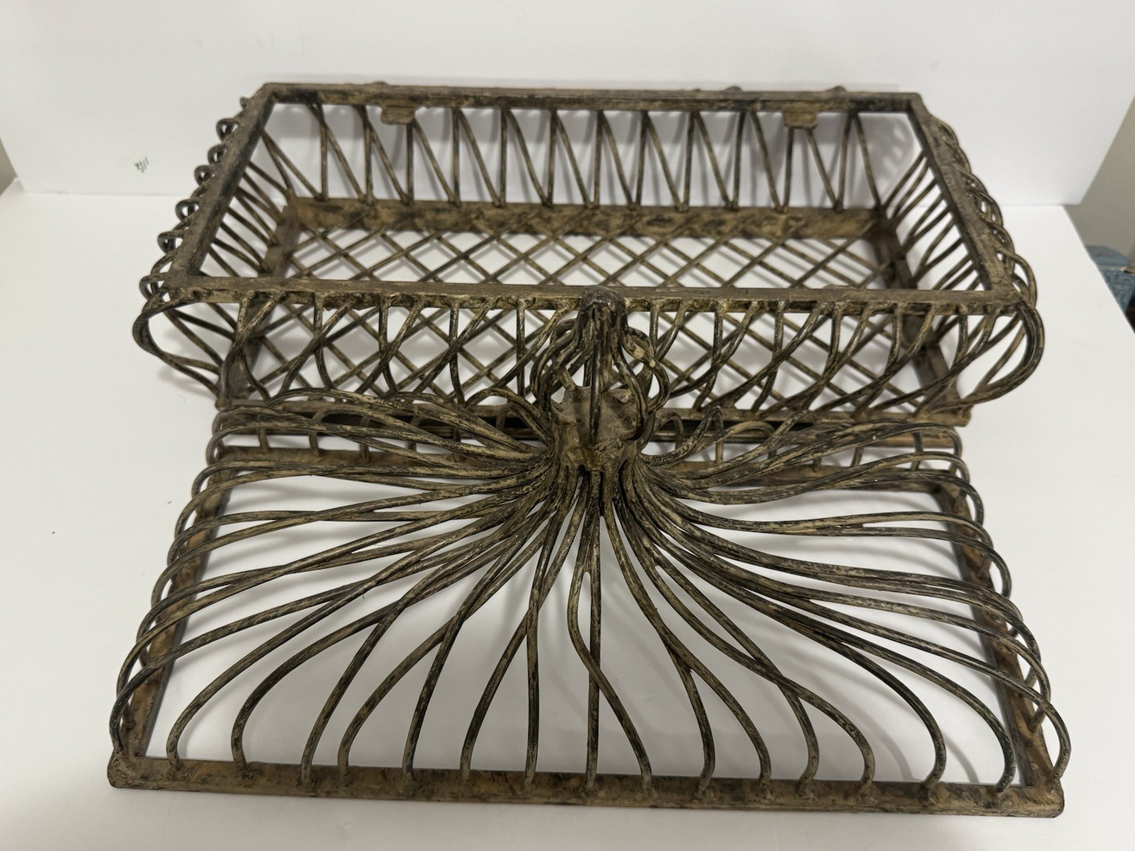 Large Rustic Cast Iron Open Work Basket With Lid