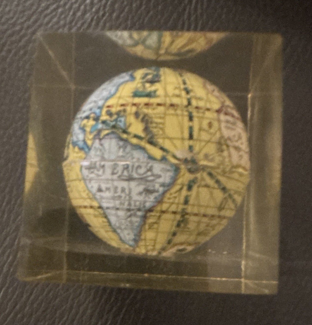 Vintage Miniature Tabletop Globe Paperweight in Clear Acrylic Cube 2 in